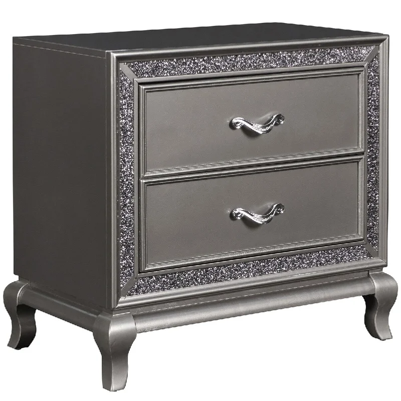 Wooden Nightstand with Faux Crystal Accents and 2 Drawers, Gray