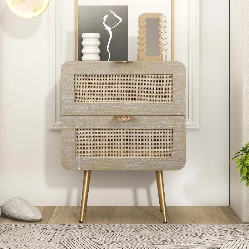 Wooden Nightstand with Rattan Panel,Two Drawer and Metal Feet