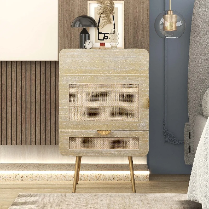 Wooden Nightstand with Rattan Panel,Two Drawers,One Cabinet and Metal Feet