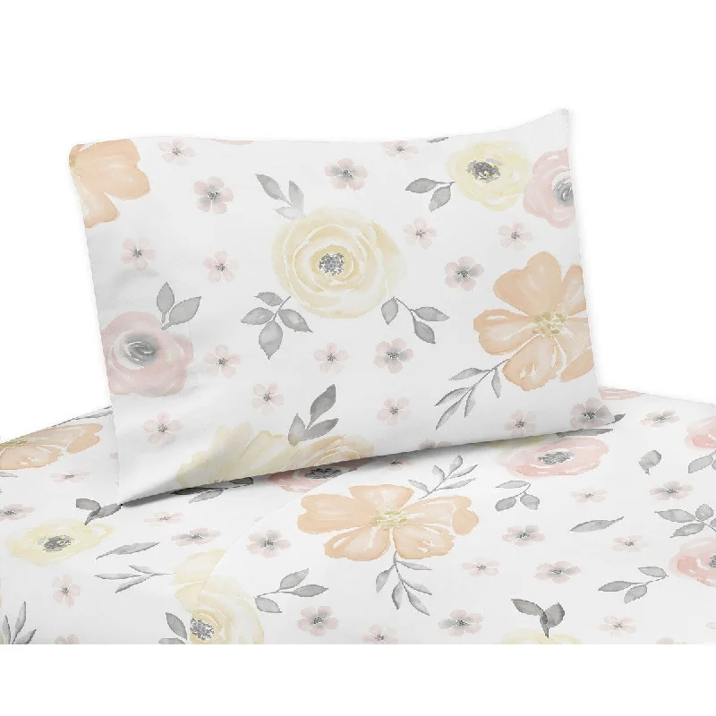 Yellow and Pink Watercolor Floral Collection 3-piece Twin Sheet Set - Blush Peach Grey White Shabby Chic Rose Flower Farmhouse