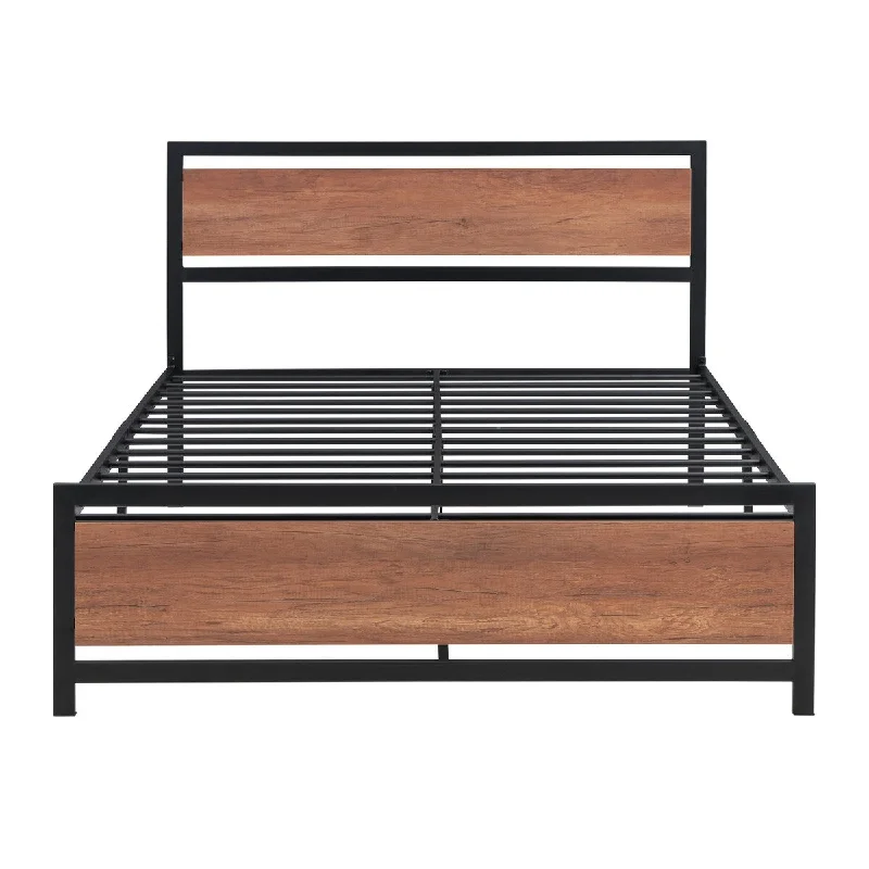 Black Full Size Platform Bed, Metal & Wood Bed w/ Headboard and Footboard, Heavy Duty Steel Slats Support, No Box Spring Needed