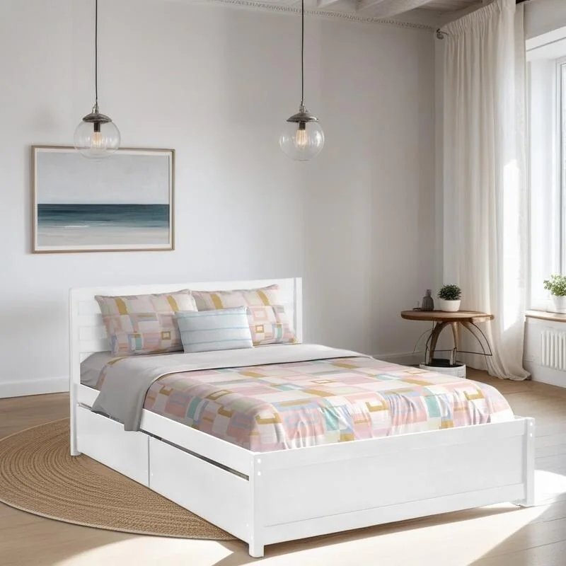 Full Size Modern & Clean Design Wood Platform Bed Frame with 4 Storage Drawers and Headboard of White Color,Space-saving