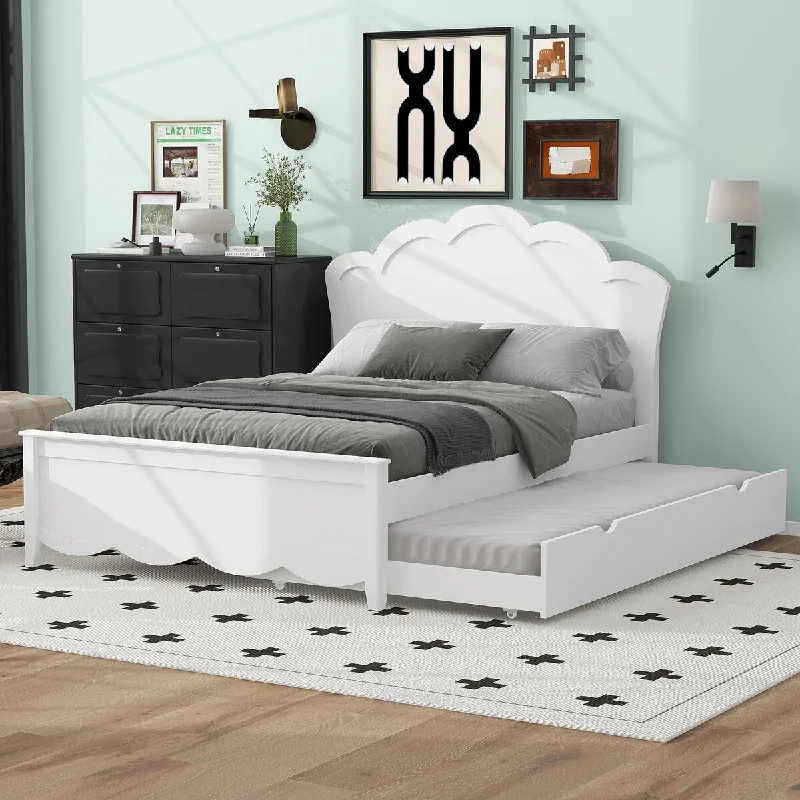 Full Size Platform Bed with Twin Size Trundle Bed, Pine Wood Bed with Headboard and Footboard