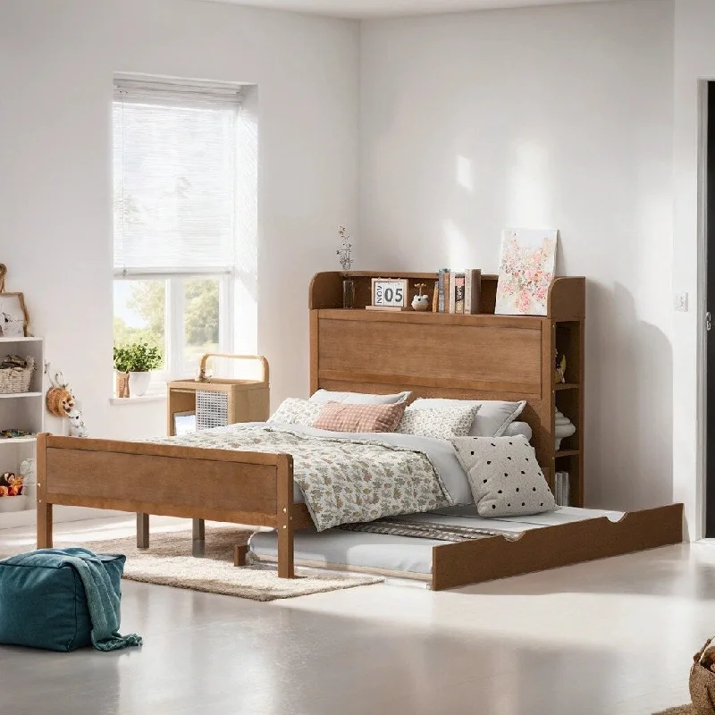 Full Size Platform Bed with Twin Size Trundle, Wooden Bed Frame with Storage Headboard for Bedroom Guest Room, Walnut