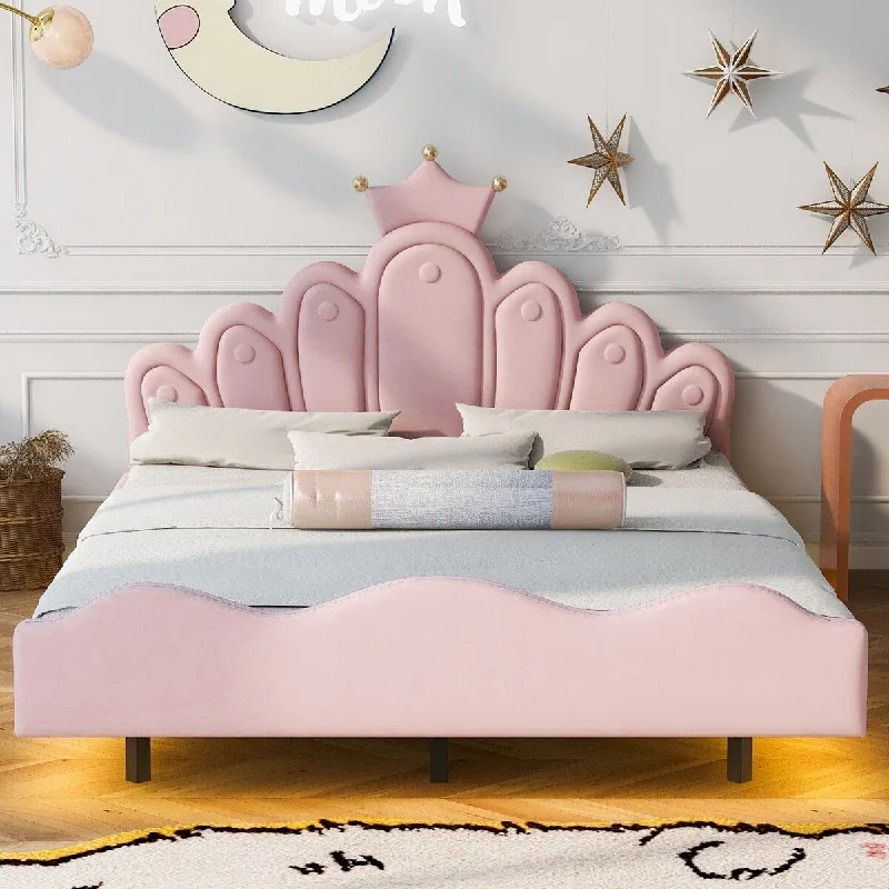 Full Size PU Leather Upholstered Platform Bed with Headboard and LED Lights for Kids