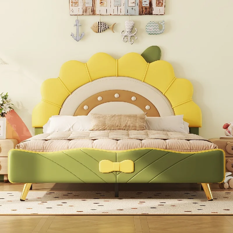 Full Size PU Upholstered Platform Bed with Sunflower Design Headboard and Footboard