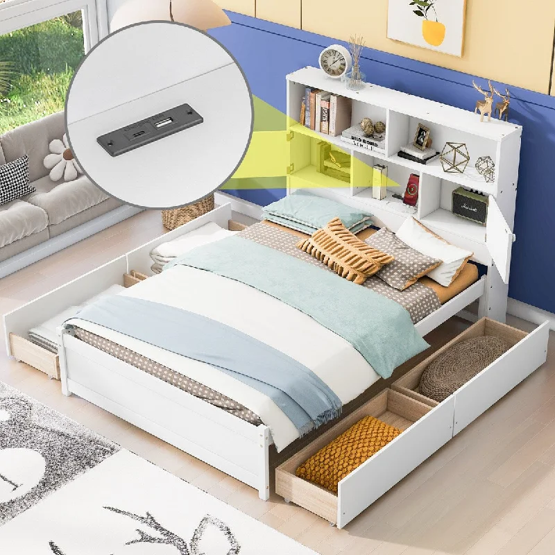 Full Size Storage Bed with Bookcase Headboard and 4 Drawers, Wood Platform Bed Frame with Charging Station for Kids Teens Adults