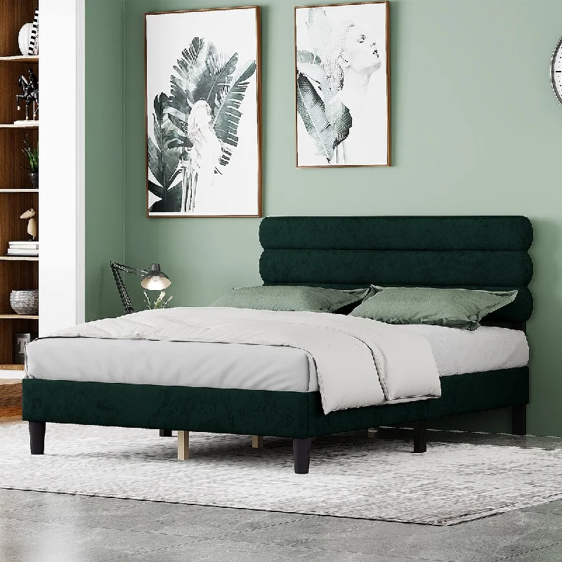 Green Queen Size Platform Bed w/ Upholstered Headboard for Kids Teens Adults