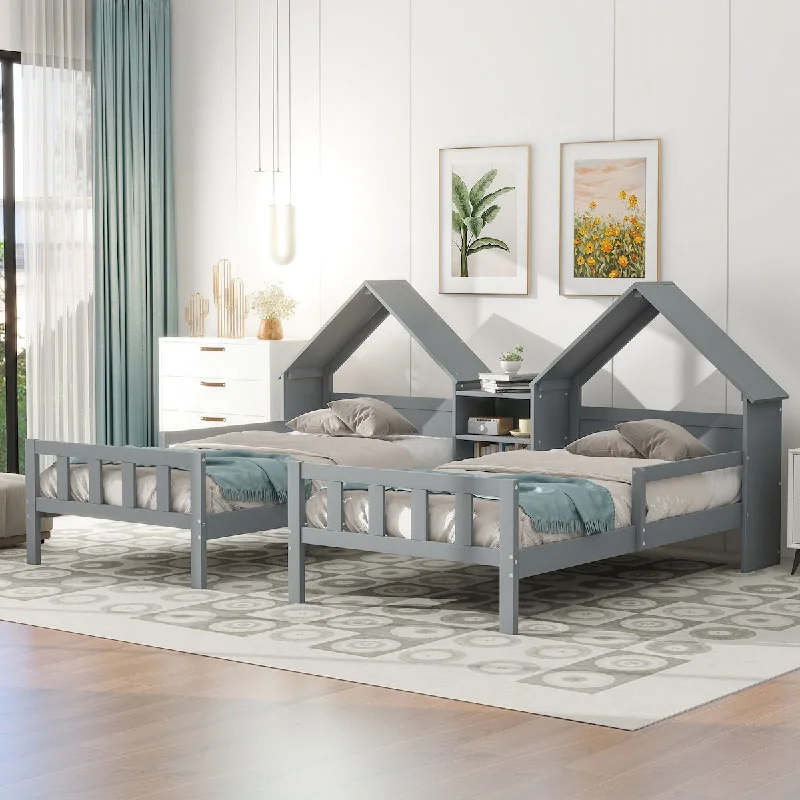 Grey Double Twin Size Platform Bed with House-Shaped Headboard and A Built-in Nightstand