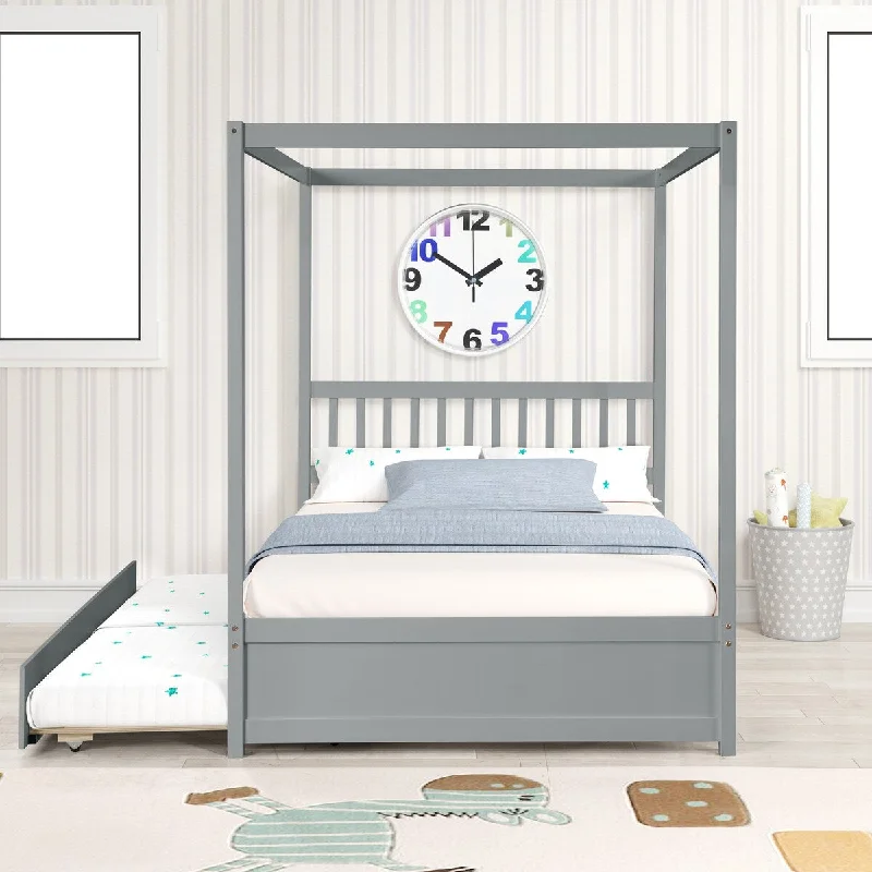 Grey Full Size Canopy Bed with Trundle, Full Kids Wood Platform Bed Frame w/ Headboard Twin Trundle Bed, No Box Spring Needed