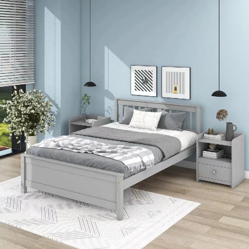 Grey Full Size Platform Bed with 2 Nightstands, Wood Bed Frame with Headboard and Footboard for Bedroom Dorm