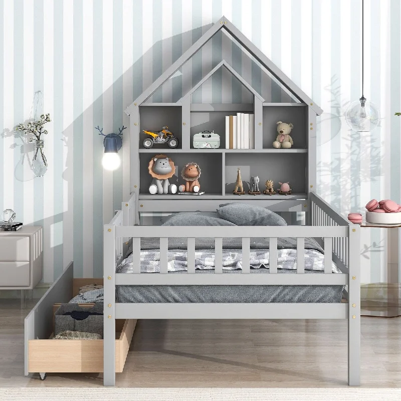 Grey Twin House-Shaped Headboard Bed w/ Fence Guardrails and Drawers