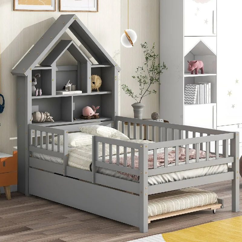 Grey Twin House-Shaped Headboard with Fence Guardrails and Trundle