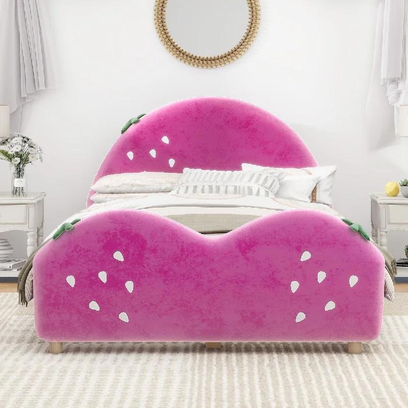 Kids Cute Platform Bed Twin Size Upholstered Strawberry Shaped Princess Bed w/ Headboard & Footboard for Kids Girls, Pink