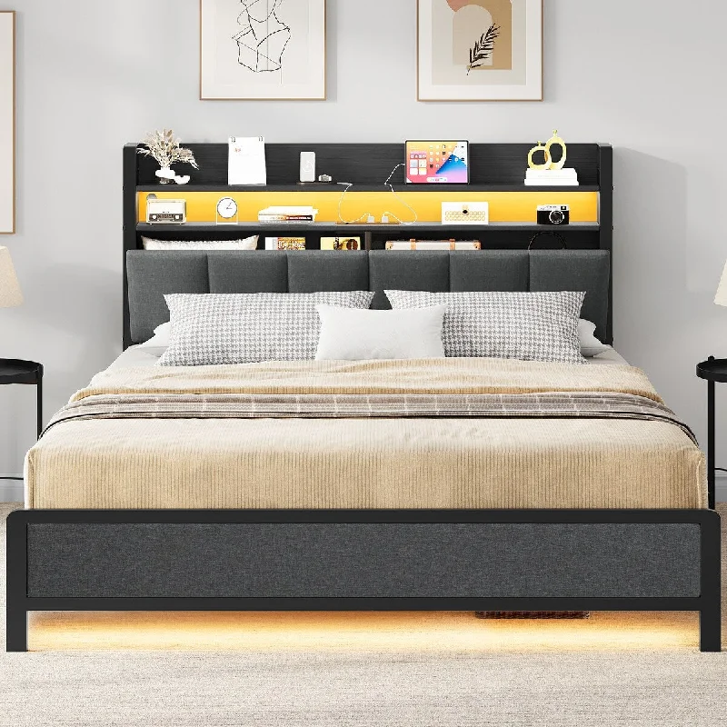 LED Bed Frame with Storage Headboard and Charging Station