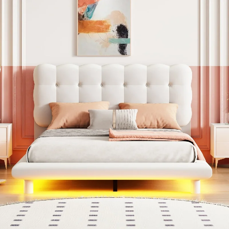 Marshmallow Shaped Button-Tufted Headboard LED Platform Bed