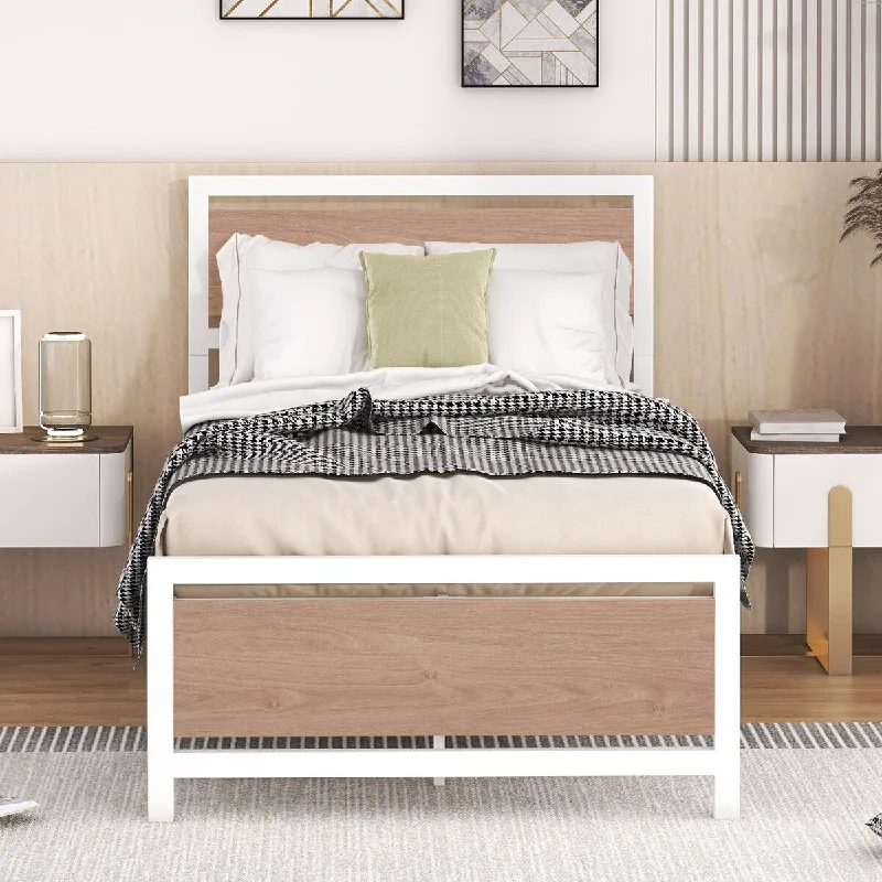 Metal & Wood Platform Bed Frame with Headboard and Footboard, White