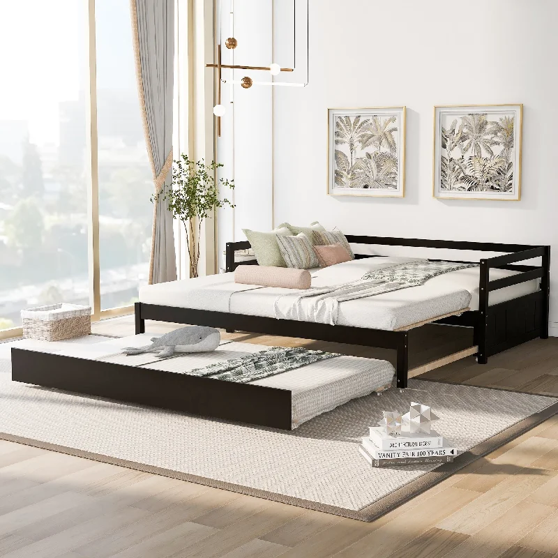 Multifunctional Extending Daybed with Trundle, Twin to King Wood Sofa Bed with Headboard for Small Spaces, No Box Spring Needed