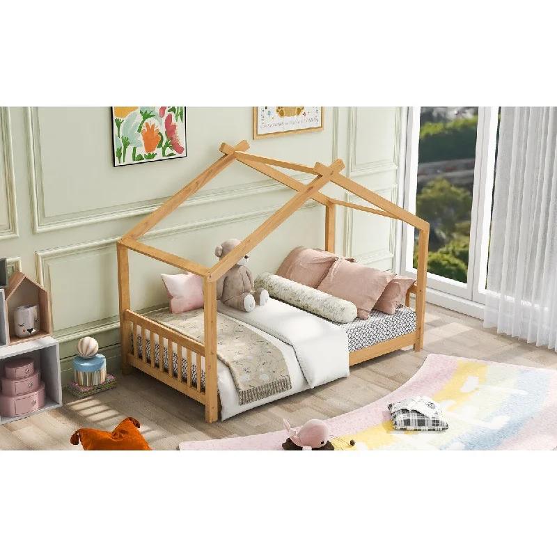 Natural Twin Size House Platform Bed w/ Roof, Headboard and Footboard