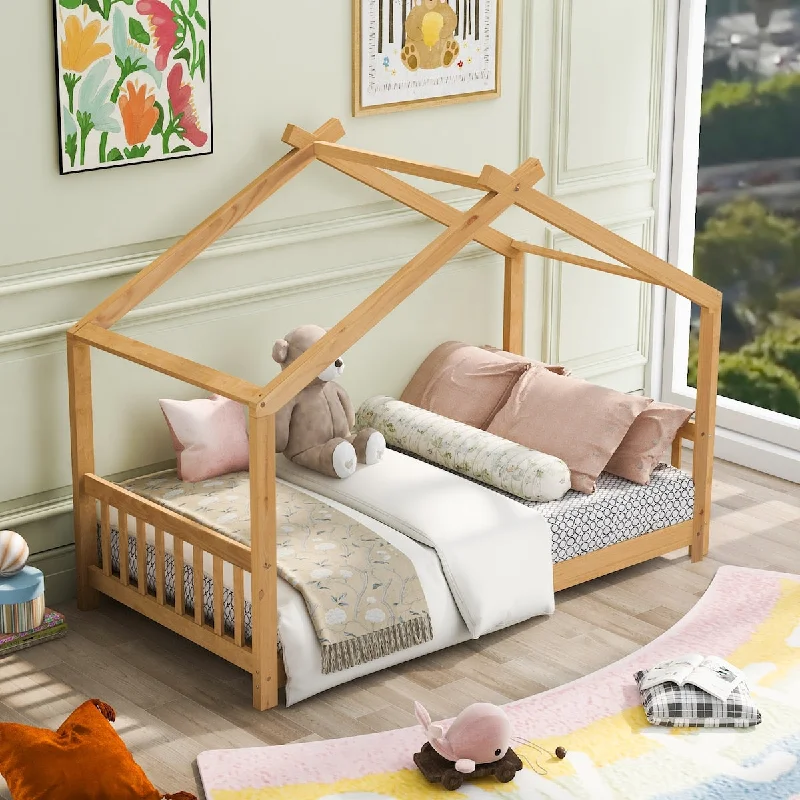 Natural Twin Size House Platform Bed with Headboard and Footboard, Roof Design