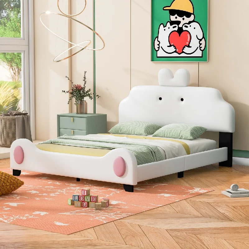 Pink+White Kids Full Platform Bed with Cartoon Cute Headboard and Footboard, Faux Upholstered Bed with Wooden Slats Support