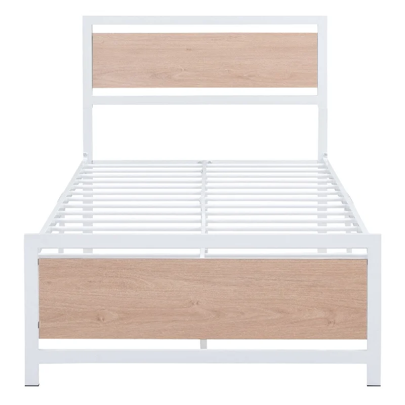 Platform Bed, Metal & Wood Bed Frame w/ Headboard and Footboard, Heavy Duty Steel Slats Support, No Box Spring Needed