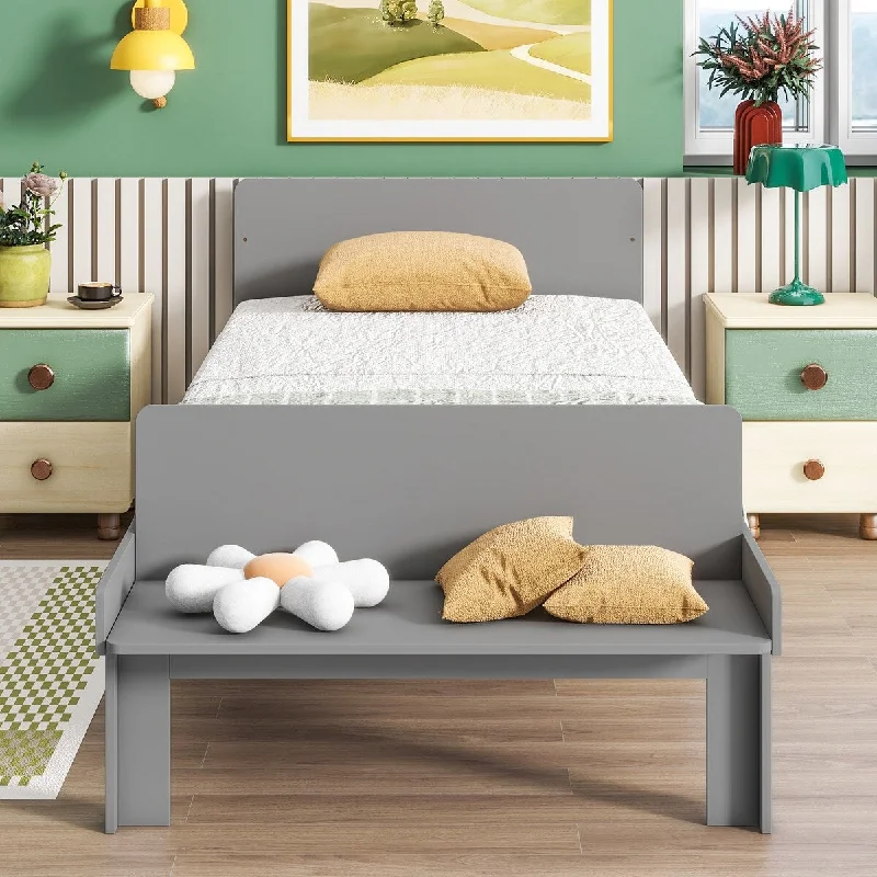 Twin Bed Headboard Platform Frames with Footboard Bench and 2 Drawers