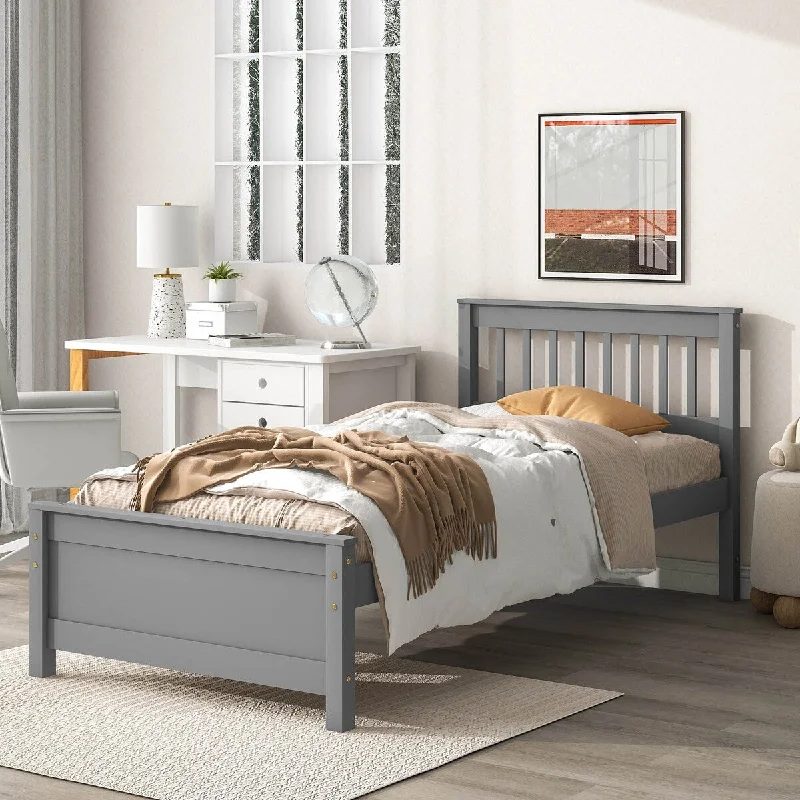 Twin Bed with Headboard and Footboard, Nightstand for Kids, Grey