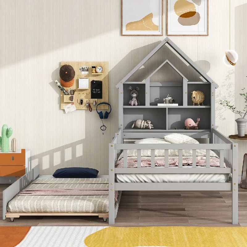 Twin House-Shaped Headboard Bed Frame with Fence Guardrails and Trundle Bedframe, Bedroom Sleeper Bed with Storage Headboard