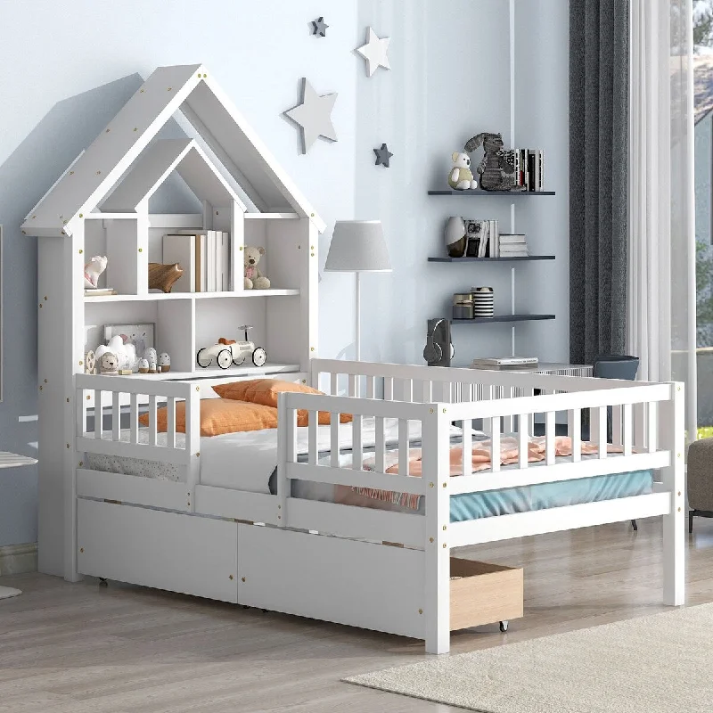 Twin House-Shaped Headboard Bed w/ Guardrails and Drawers, Montessori Bed w/ Storage Shelf for Kids,No Need Spring Box, White