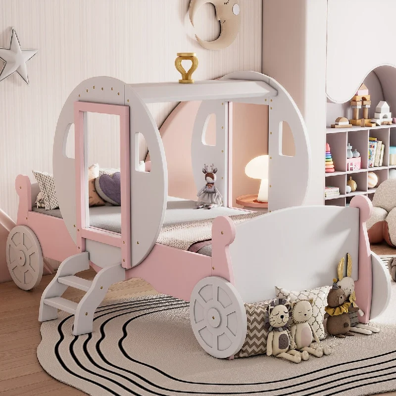 Twin Princess Carriage Bed with Stair&Crown, Kids Platform Car Bed with Headboard and Footboard, Kids Twin Bed Frame, White+Pink