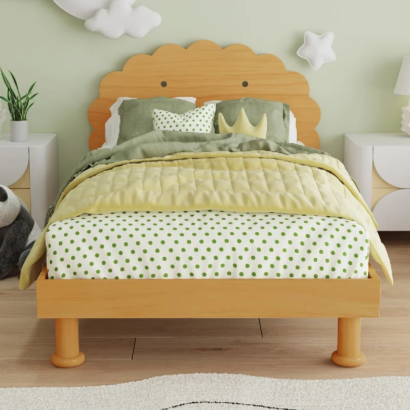 Twin Size Adjustable Platform Bed with Cookie-Shaped Headboard and Wood Slats