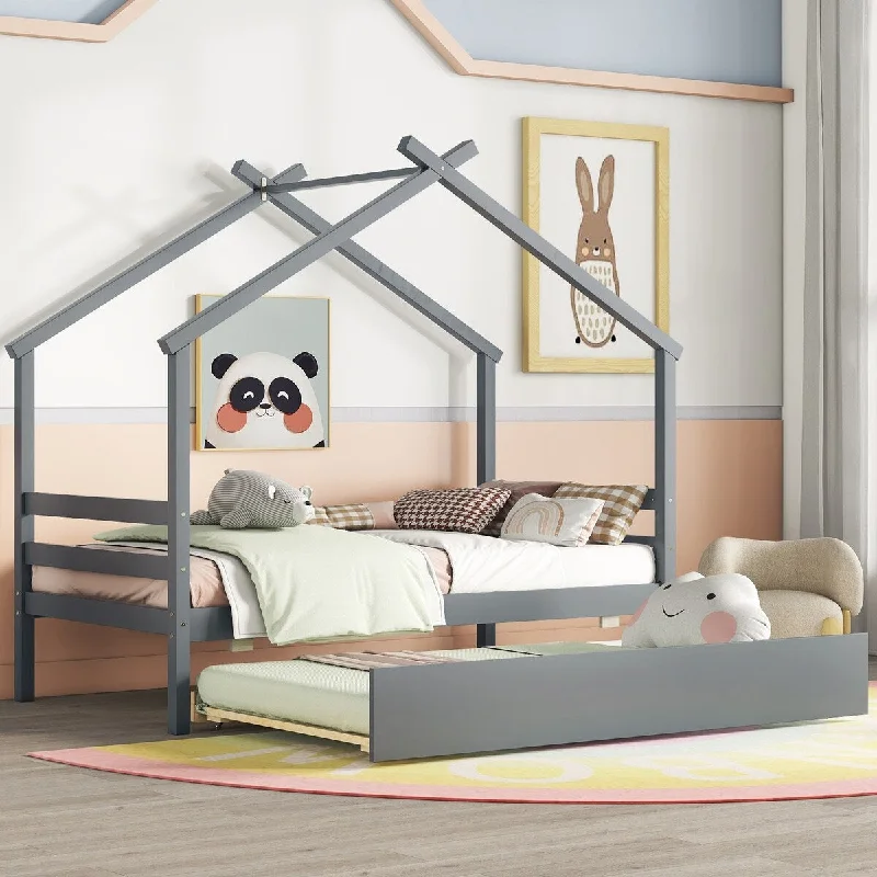 Twin Size House-shaped Bed with Trundle, Wooden Bed for Kids, Platform Bed with Headboard and Footboard, Grey