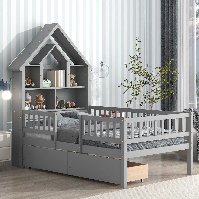 Twin Size House-Shaped Headboard Bed with Guardrails and Drawers, Montessori Bed with Storage Shelf for Kids,No Need Spring Box