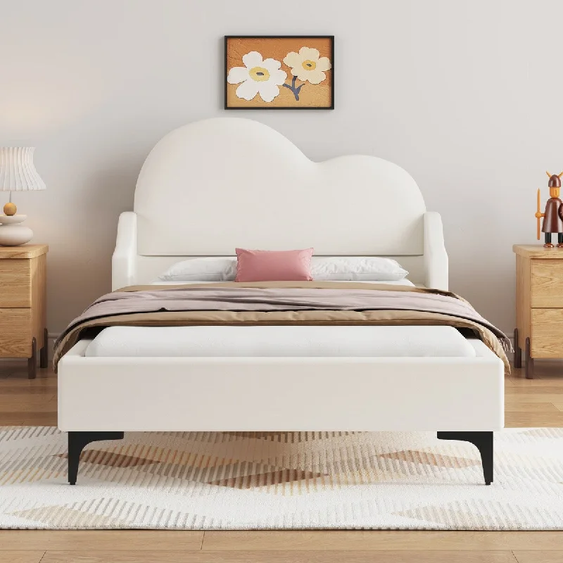 Twin Size Platform Bed with Cloud-Shaped Upholstered Headboard and Wood Slats