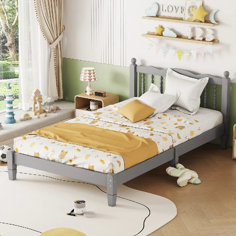 Twin Size Platform Bed with Column-Decoration Headboard and Wood Slats