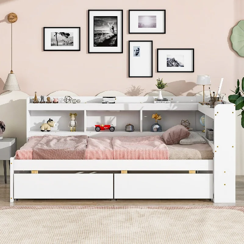 Twin Size Platform Bed with L-Shaped Bookcase and 2 Drawers, Captain Bed w/ Bookcase Headboard for Kids Teens Boys Girls, White