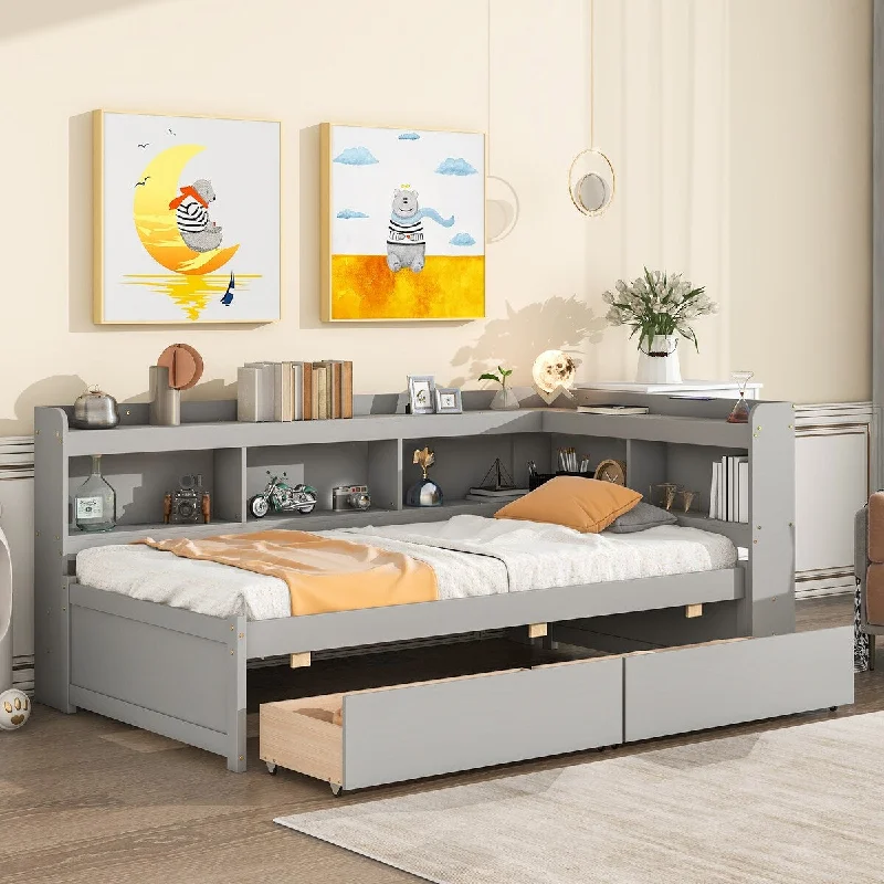 Twin Size Platform Bed with L-Shaped Bookcase and 2 Drawers, Captain Bed with Bookcase Headboard for Kids Teens Boys Girls, Gray