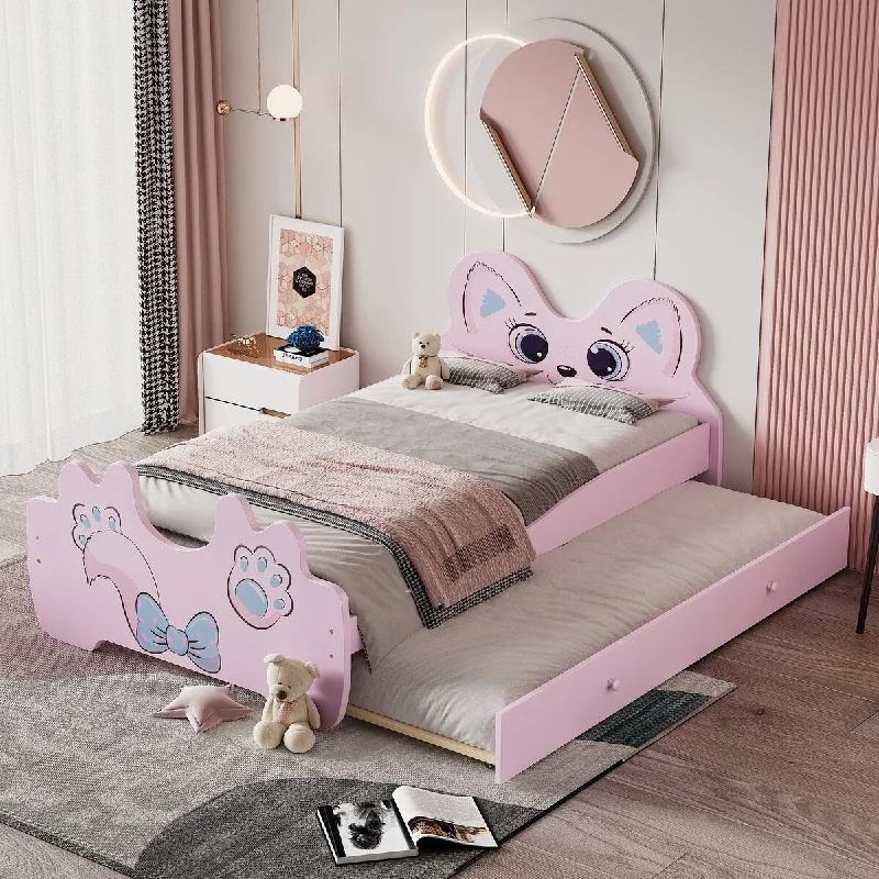 Twin Size Platform Bed with Twin Size Trundle And Cute Cartoon Shape Headboard Design