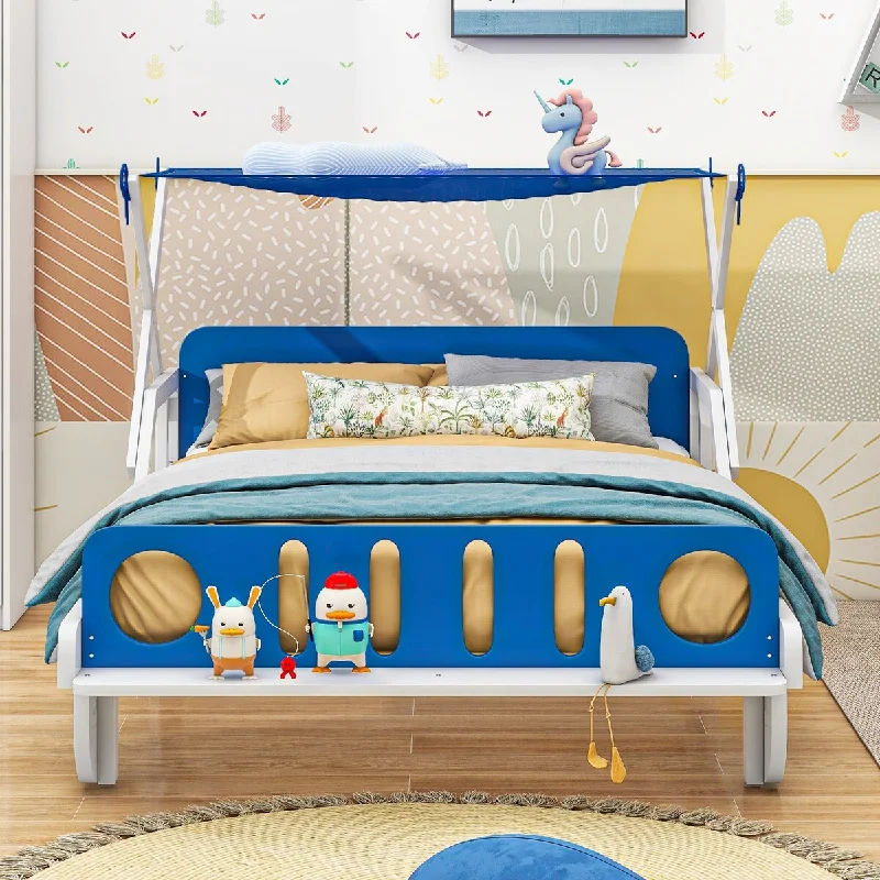 Twin Size Race Car Bed Wood Platform Bed w/ Storage Headboard and Footboard, Playhouse Car-Shaped Bed with Ceiling Cloth & wheel