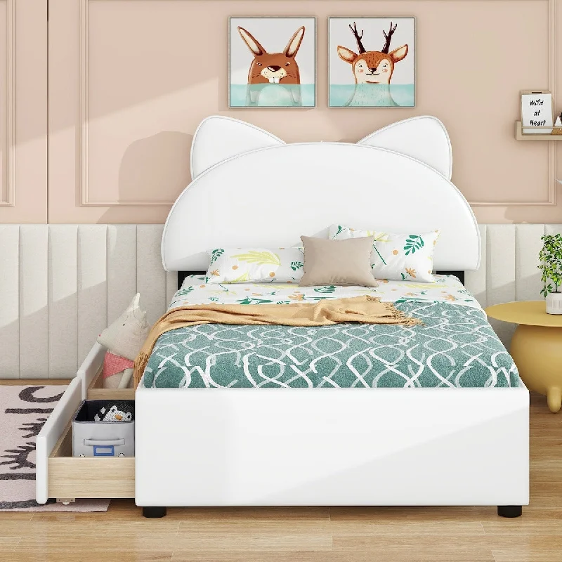 Twin Size Upholstered Platform Bed with Cartoon Ears Shaped Headboard and 2 Drawers,White