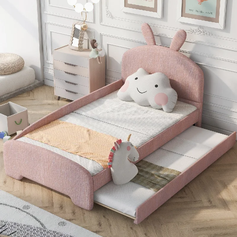 Twin Size Upholstered Platform Bed With Cartoon Ears Shaped Headboard And Twin Size Trundle