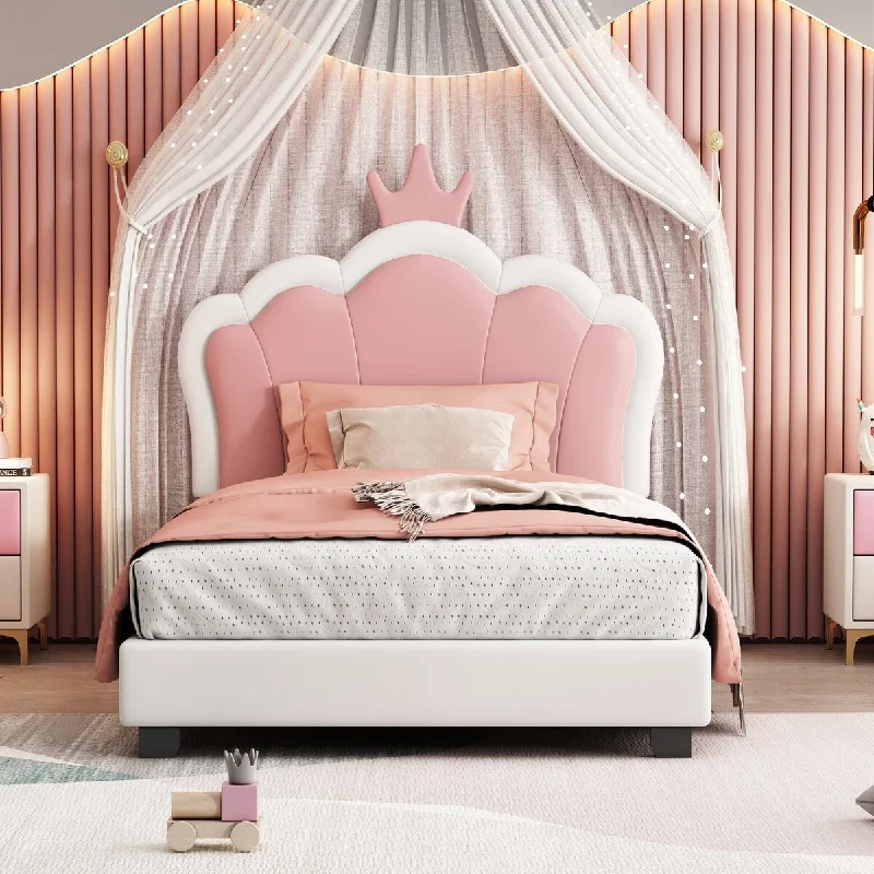 Twin size Upholstered Princess Bed With Crown Headboard,Twin Size Platform Bed with Headboard and Footboard, White&Pink