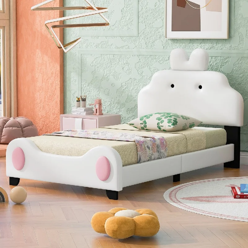 Twin Upholstered Platform Bed w/ Cartoon Headboard and Footboard