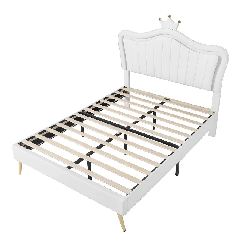 Upholstered Bed LED Frame Modern Upholstered Princess Bed w/ Crown Headboard and Metal Legs, Cute Kids Platform Bed/ Noise-Free