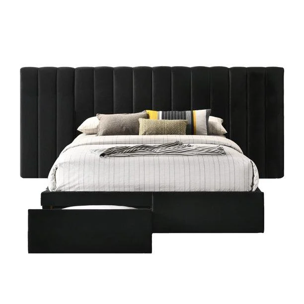 Velvet Bed Frame with Extra Wide Headboard and Storage