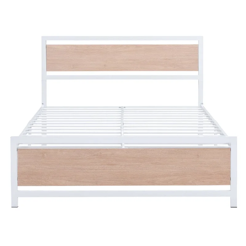 White Full Size Bed Frame Metal Platform with Wood Headboard Footboard, Heavy Duty Steel Slats Support/ No Box Spring Required