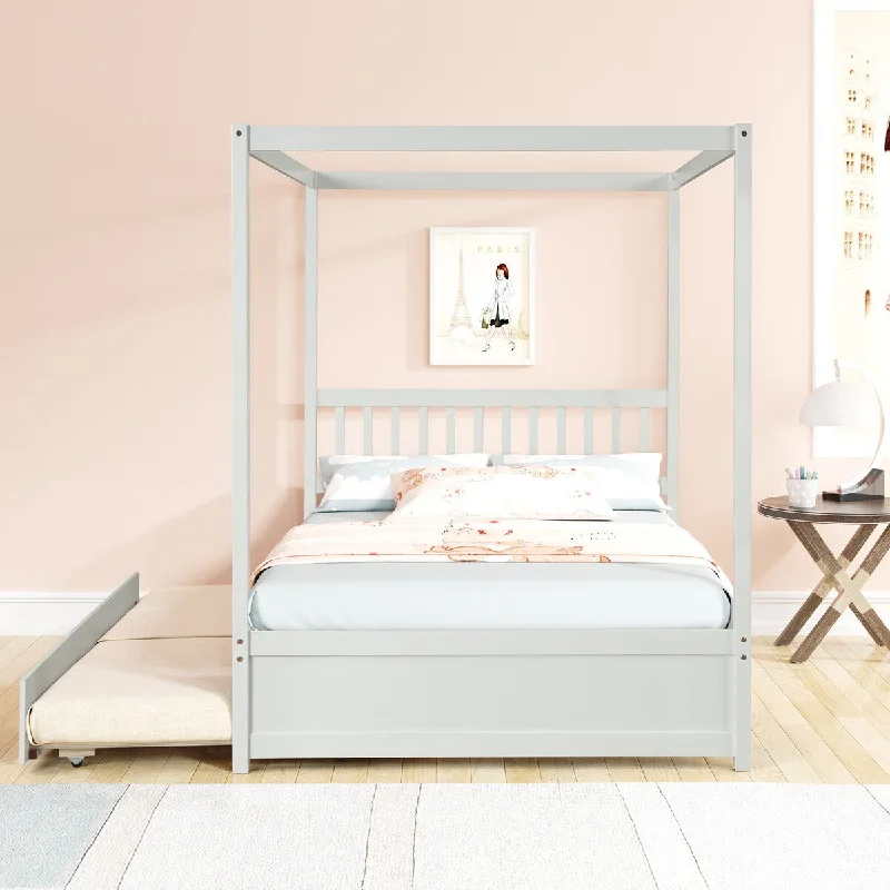 White Full Size Canopy Bed with Trundle, Full Kids Wood Platform Bed w/ Headboard Wooden Twin Trundle Bed, No Box Spring Needed