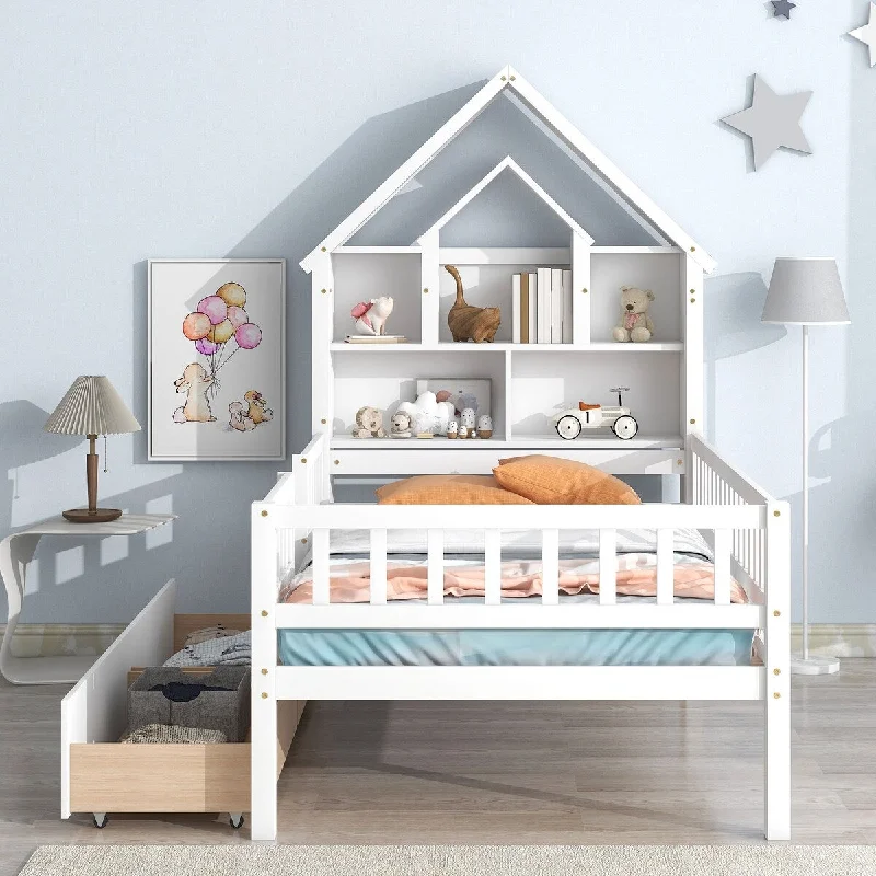 White Twin House-Shaped Headboard Bed w/ Fence Guardrails and Drawers