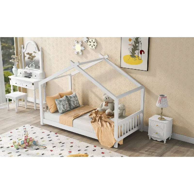 White Twin Size House Platform Bed with Roof, Headboard and Footboard